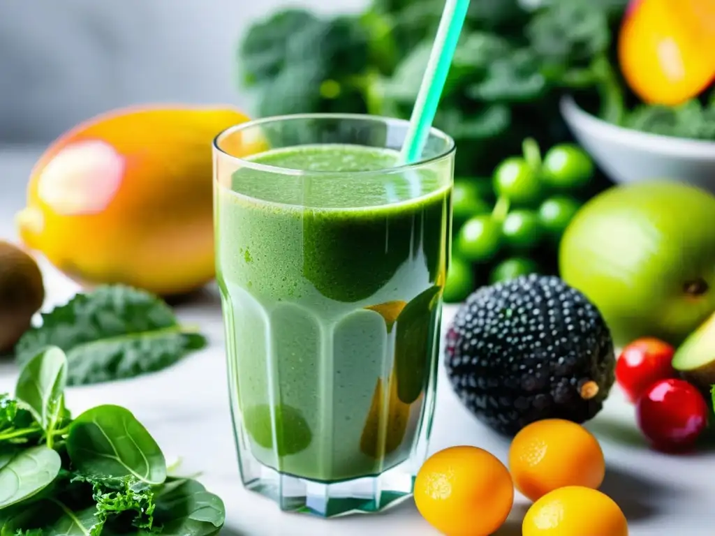 Smoothie verde energizante con ingredientes frescos Un suculento batido verde se vierte en un vaso, rodeado de frutas y verduras frescas con gotas de agua