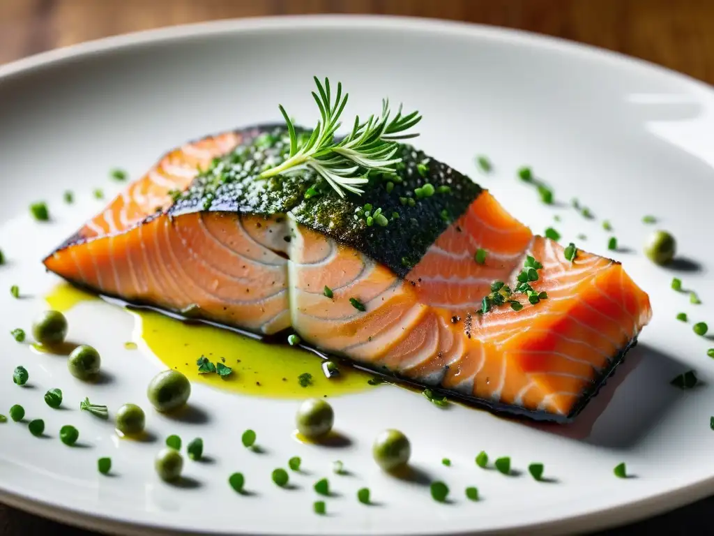 Delicioso salmón omega 3 con hierbas frescas Un suculento filete de salmón rico en Omega 3, adornado con hierbas verdes y colocado en un plato blanco impecable