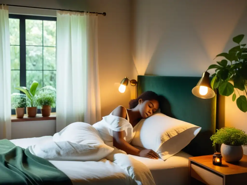 Un sueño profundo y sistema inmunológico fortalecido en una habitación serena con cama confortable y plantas verdes