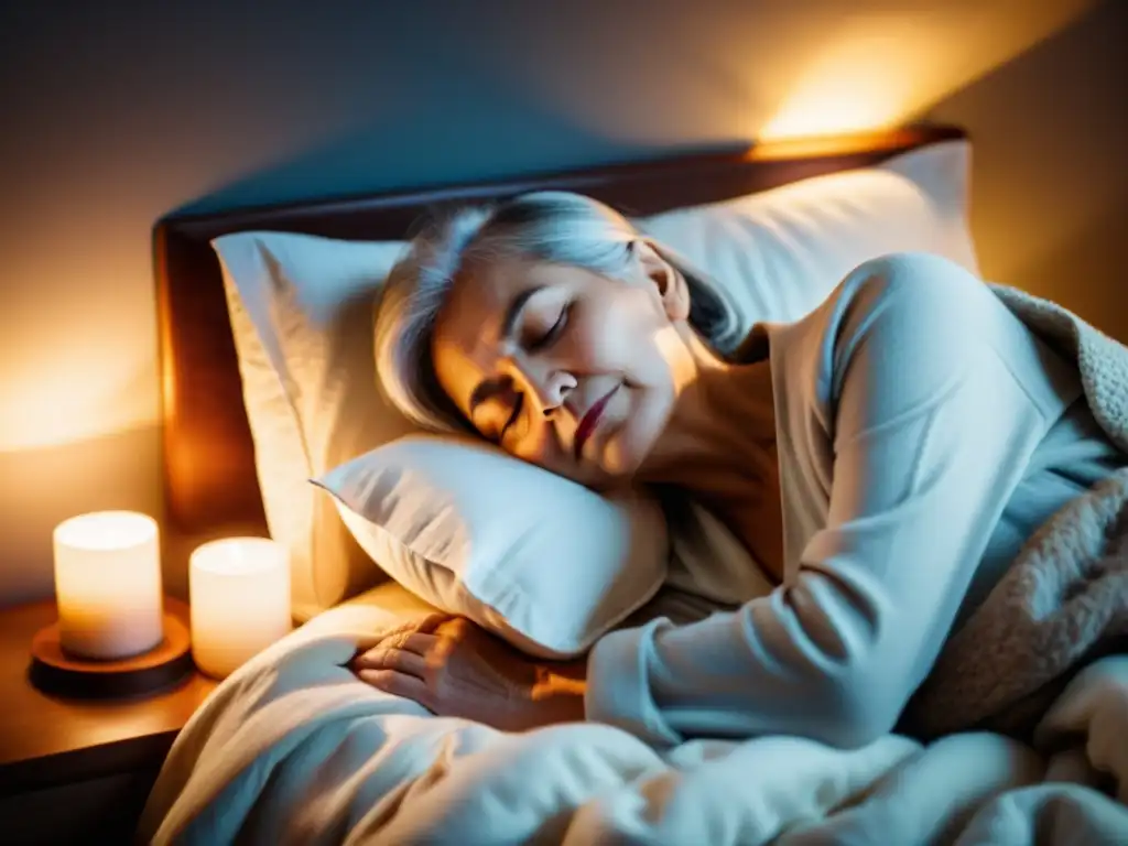 Tranquilidad nocturna: descanso reparador para ancianos Sueño reparador y sistema inmune ancianos: Persona mayor durmiendo plácidamente en una cama acogedora, iluminada por la suave luz de la luna