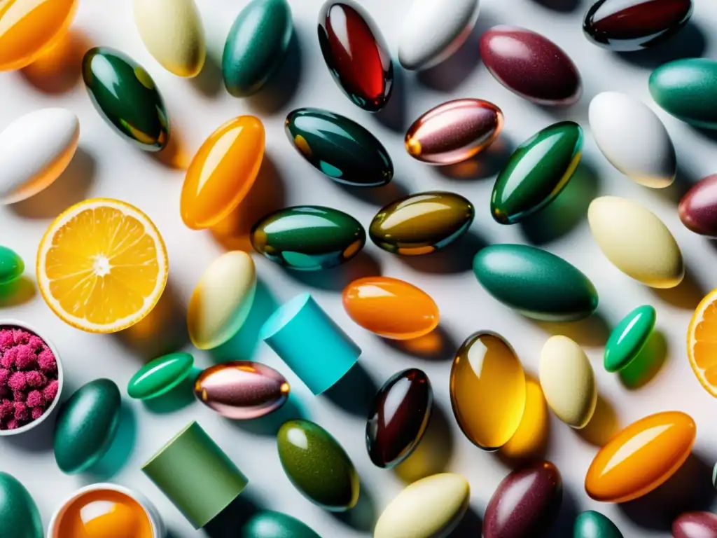 Suplementos inmunitarios: colores vibrantes y detalle asombroso Suplementación inteligente para un sistema inmune robusto: variedad de coloridos suplementos detallados en un patrón geométrico sobre fondo blanco