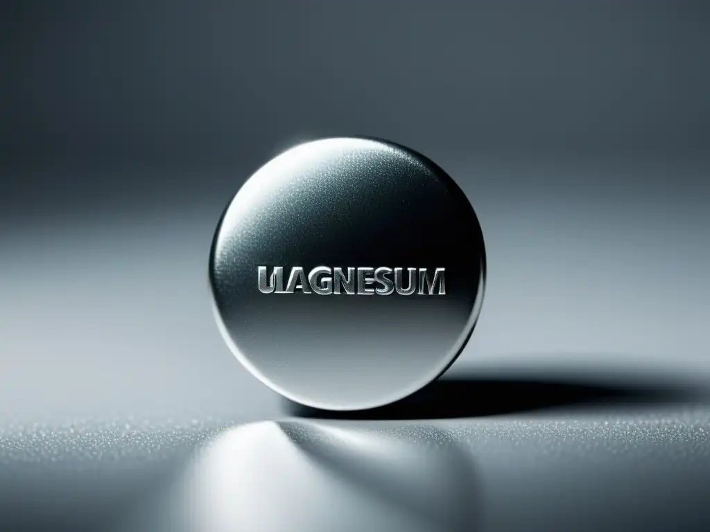 Suplementación de magnesio para inmunidad: Detalle de píldora de magnesio mostrando su diseño moderno y superficie metálica, en fondo blanco brillante
