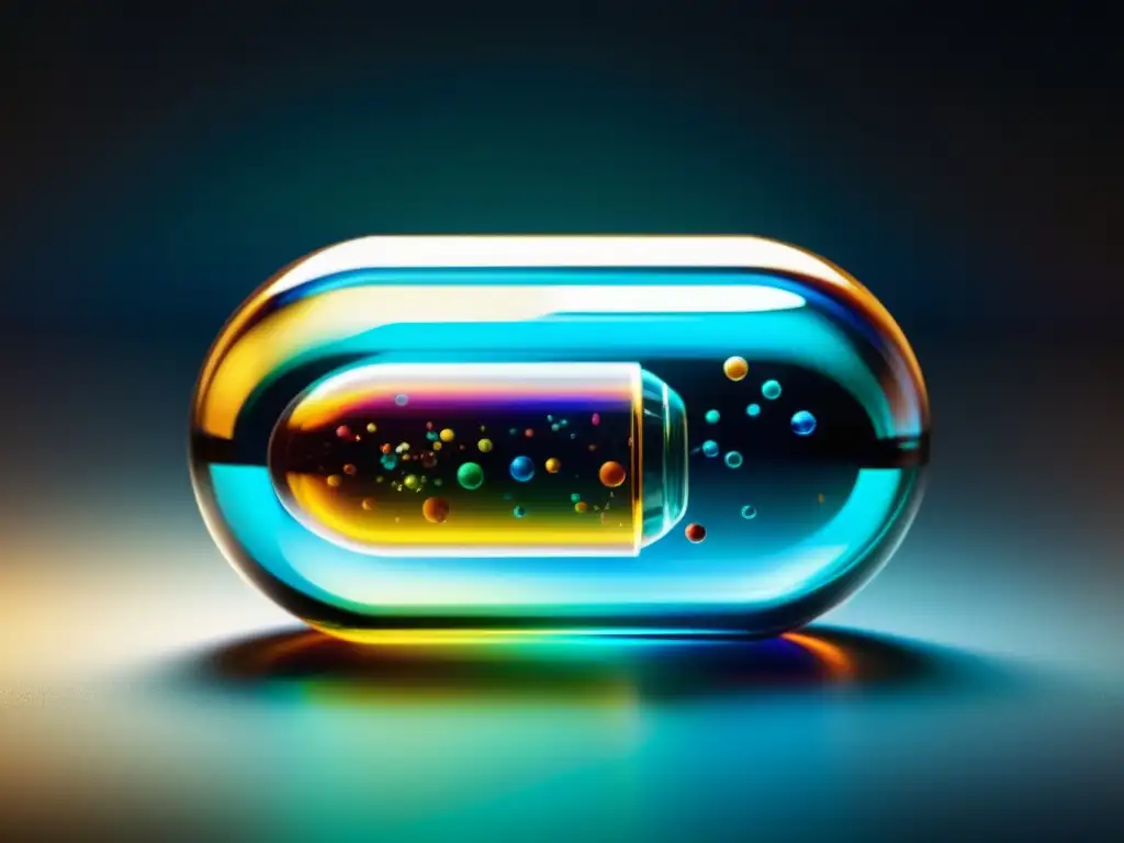 Captura hipnótica de cápsula transparente con líquido vibrante Un suplemento inmunológico con líquido vibrante y partículas suspendidas, creando un espectáculo de color