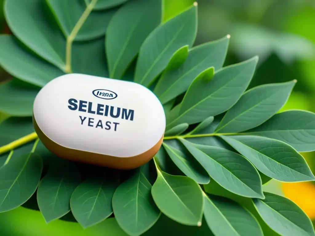 Un suplemento de levadura selenizada rodeado de exuberante vegetación, transmitiendo beneficios del selenio en inmunidad