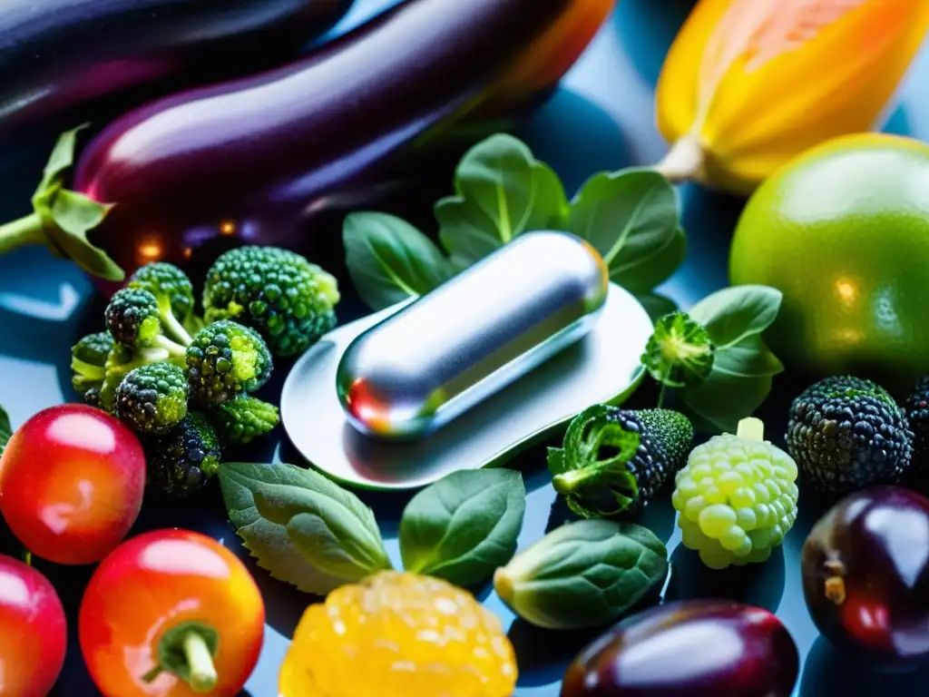 Un suplemento de selenio brillante resalta entre vibrantes frutas y verduras, mostrando la importancia del selenio en inmunidad