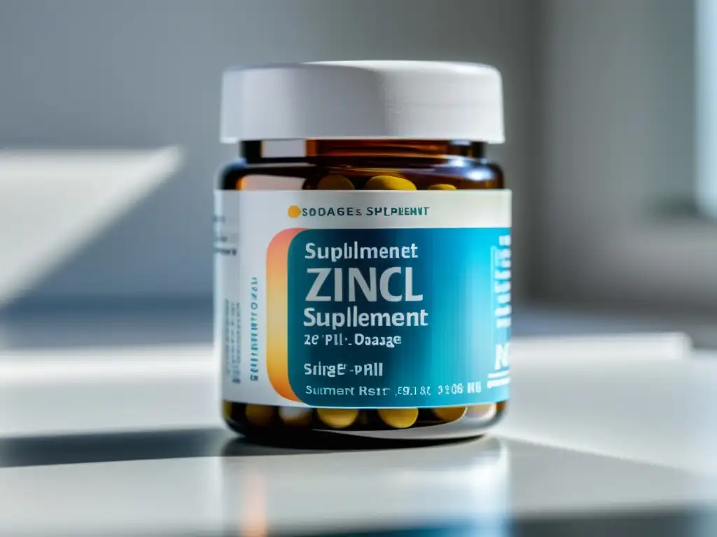 Suplemento de zinc: Detalles ultra nítidos en una imagen sorprendente Un suplemento de zinc para inmunidad, con detalles nítidos y luz suave sobre una encimera blanca moderna