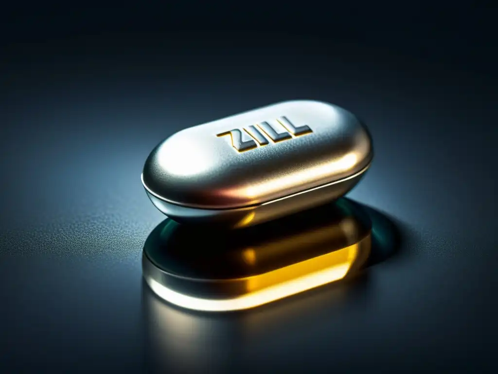 Suplemento de zinc: detalle ultrafino Un suplemento de zinc para inmunidad en primer plano, con textura metálica y un ambiente moderno y preciso
