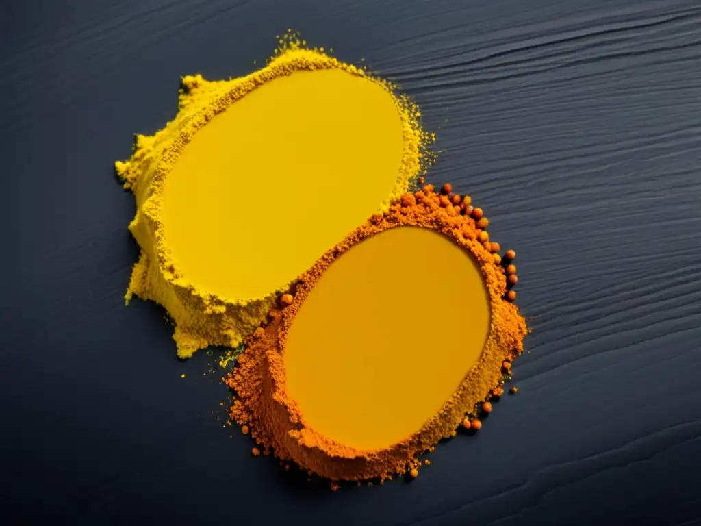 Espectacular contraste entre cúrcuma y pimienta negra en polvo Suplementos de cúrcuma y piperina en polvo, vibrantes y detallados, sobre superficie negra mate, creando un cautivador contraste de colores y texturas