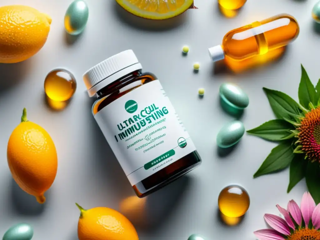 Suplementos Inmunoestimulantes de Alta Calidad Suplementos para fortalecer sistema inmunológico: colorida variedad de suplementos en moderna presentación sobre superficie blanca