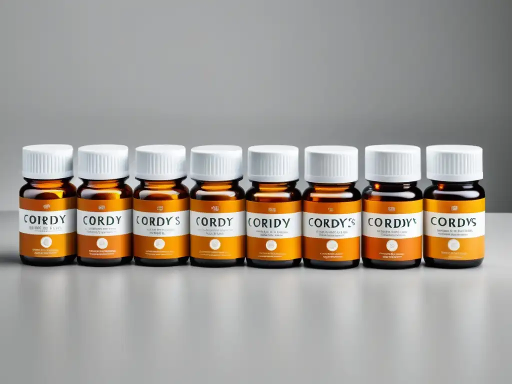Suplementos de cordyceps: diversidad en envases Varios suplementos de cordyceps para sistema inmunológico en elegante presentación blanca, destacando diversidad y sofisticación moderna