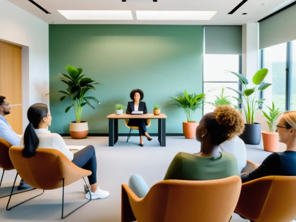 Taller online de manejo del estrés: profesionalidad y calidez Taller online para gestionar estrés: instructor profesional lidera ejercicios con participantes comprometidos en un ambiente sereno y moderno