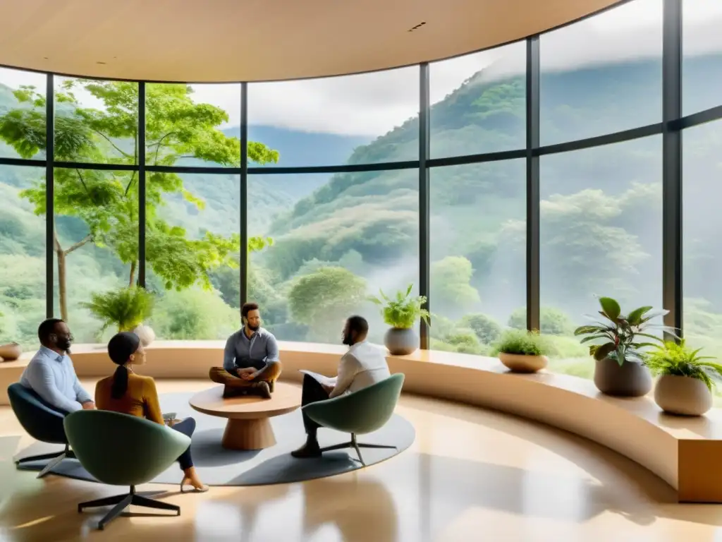 Taller de Manejo del Estrés en un Espacio de Oficina Sereno Talleres online para gestionar estrés en un espacio de oficina moderno y sereno con grandes ventanas y vistas a un paisaje natural tranquilo