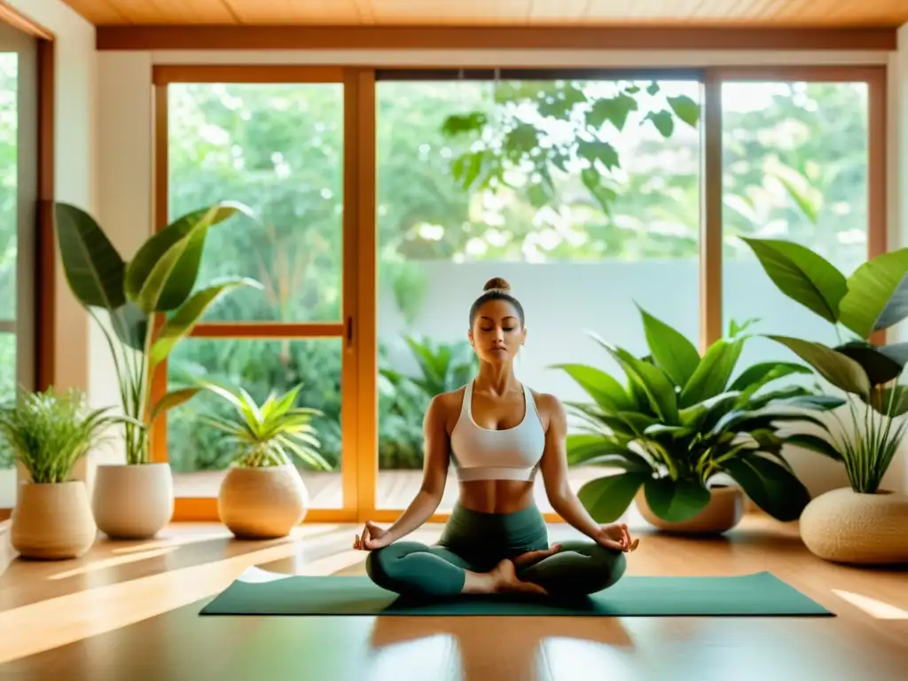 Serena meditación en un espacio luminoso y natural Talleres online para gestionar estrés: Persona meditando en un espacio minimalista y tranquilo, rodeada de plantas y luz natural