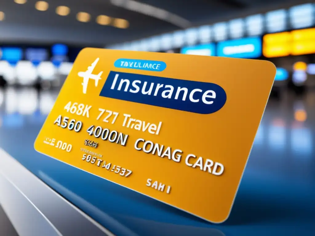 Tarjeta de seguro de viaje para enfermedades inmunológicas en aeropuerto internacional Tarjeta de seguro internacional para enfermedades inmunológicas en un aeropuerto concurrido, transmitiendo confianza y profesionalismo