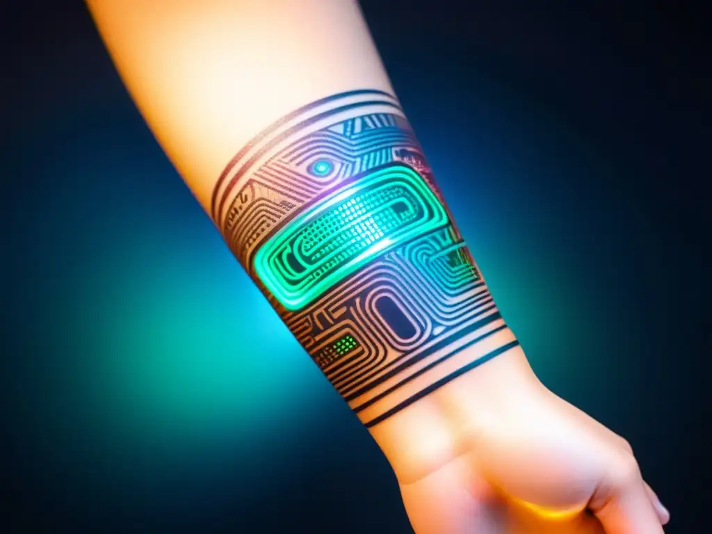 Tatuaje temporal de alta tecnología con diseño de circuitos y biometría Un tatuaje temporal de alta tecnología con diseño futurista de circuitos y sensores, en un entorno de avanzada