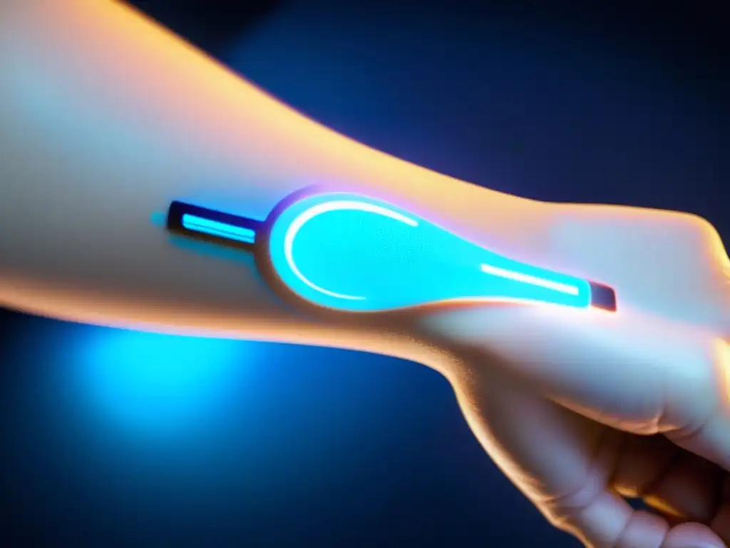 Tatuaje temporal de alta tecnología para monitoreo de salud inmune Un tatuaje temporal de alta tecnología iluminado en azul se fusiona con la piel de un antebrazo, simbolizando el monitoreo de la salud inmunológica