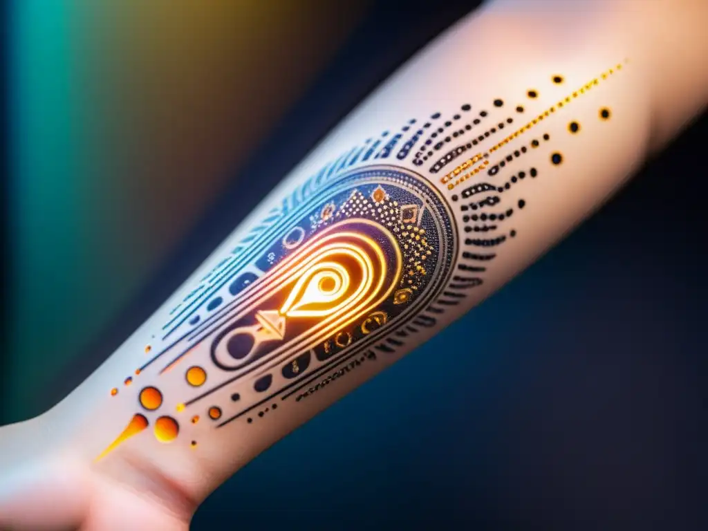 Tatuaje temporal con circuitos integrados y microLEDs Un tatuaje temporal muestra circuitos y sensores biometricos integrados, emitiendo un suave brillo y monitoreando la respuesta inmunológica
