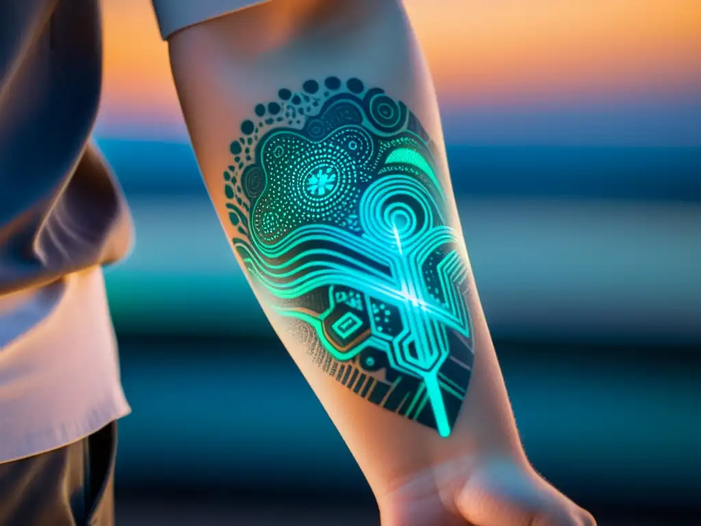 Tatuaje futurista de circuitos bioluminiscentes en un antebrazo Un tatuaje temporal futurista en el antebrazo con patrones de circuitos brillantes y sensores, en un entorno de laboratorio avanzado