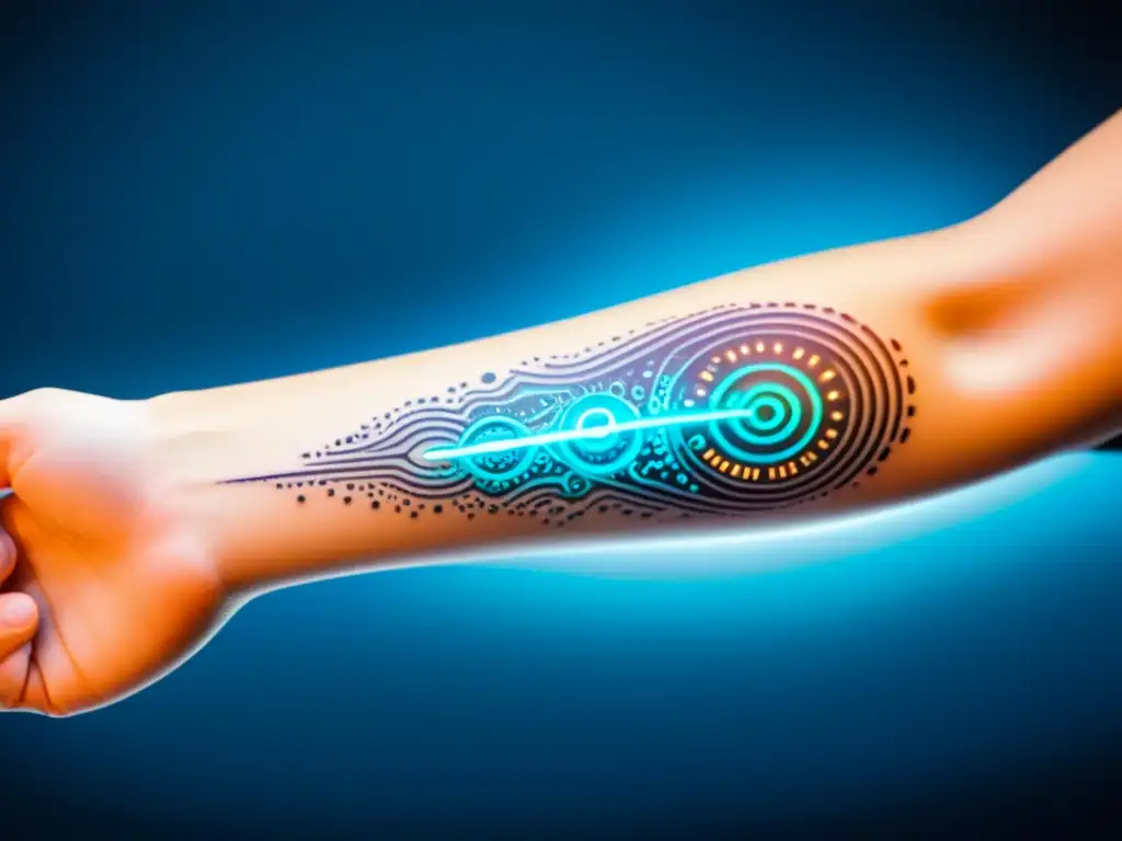 Tatuaje temporal futurista con diseño de circuitos y bioluminiscencia Un tatuaje temporal hightech en el antebrazo muestra diseños futuristas y patrones bioluminiscentes que monitorean la salud inmunológica