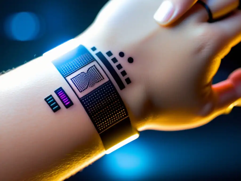 Tatuaje de monitoreo de salud ultra detallado y futurista Un tatuaje temporal de monitoreo de salud inmunológica con diseño futurista y tecnología avanzada integrada en la piel