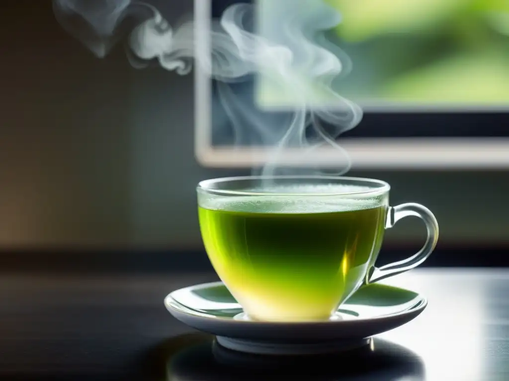 Una taza de té verde humeante en una mesa minimalista