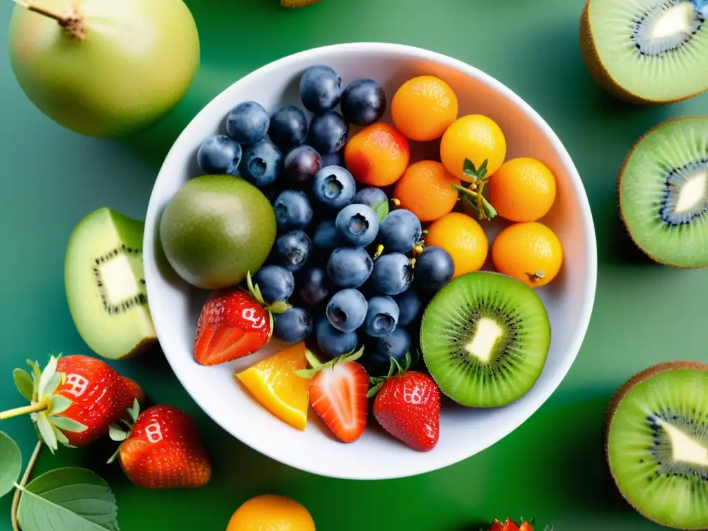 Un tazón rebosante de frutas vibrantes y coloridas, dispuestas de forma atractiva