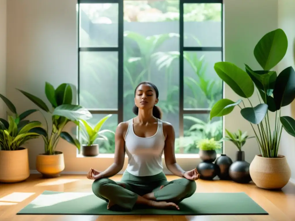 Técnicas de meditación para fortalecer el sistema inmunológico: persona meditando en un espacio luminoso y sereno, rodeada de plantas verdes