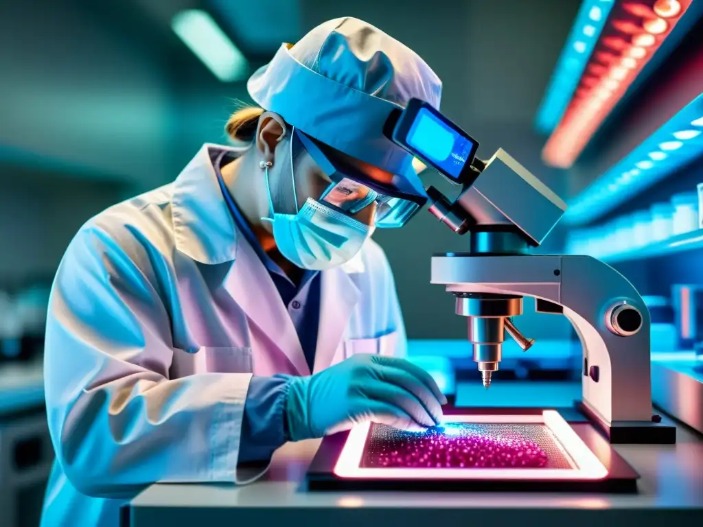 Manipulación de células inmunes en laboratorio: detalle ultrapreciso Un técnico de laboratorio manipula células inmunes con equipos precisos, en una escena vibrante y futurista que muestra avances científicos para cobertura terapias refuerzo inmunológico seguro salud