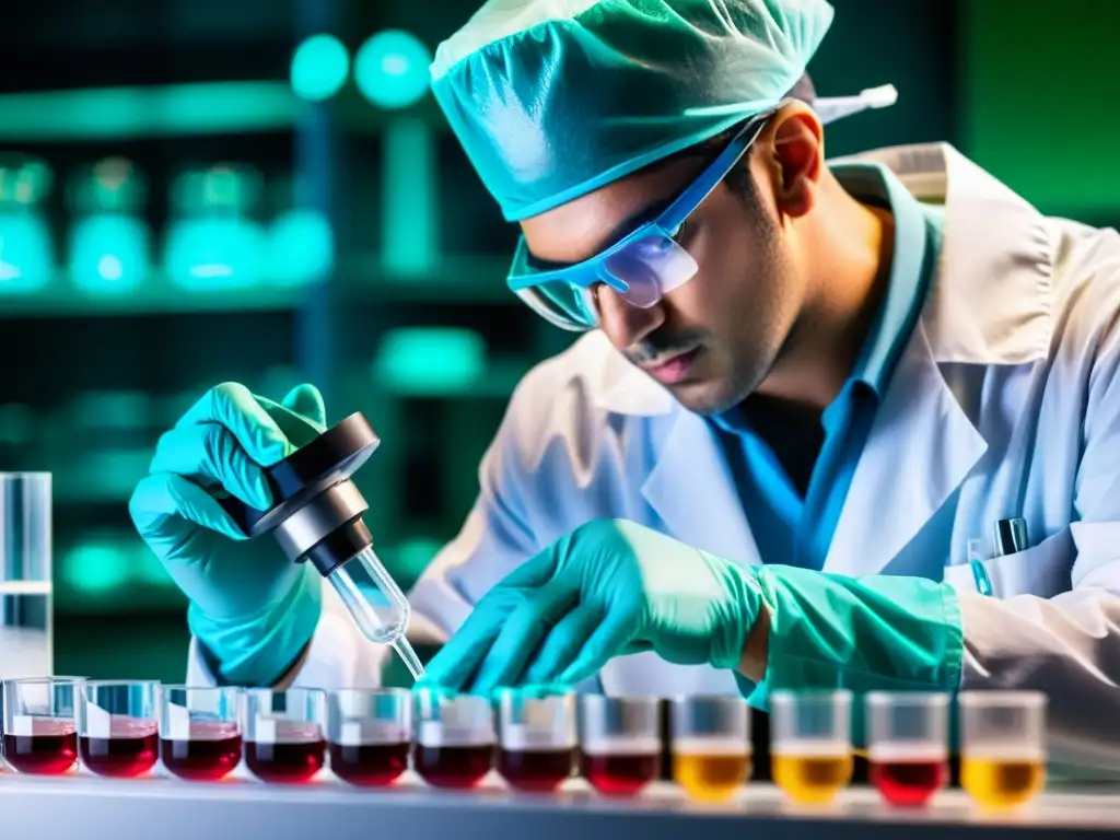 Extracción de células madre: precisión bajo microscopio Un técnico de laboratorio extrae con cuidado células madre de una placa de Petri bajo un microscopio
