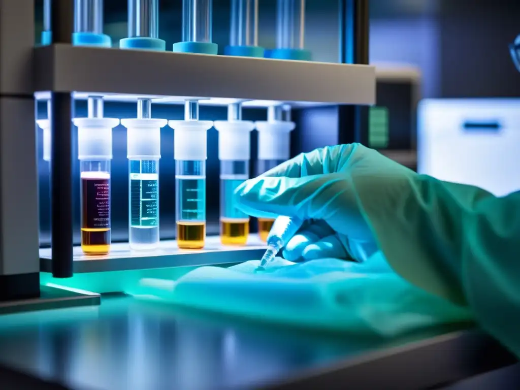 Inyección precisa de terapia génica en modelo de sistema inmune Un técnico de laboratorio inyecta con cuidado una solución de terapia génica en un modelo de sistema inmune humano