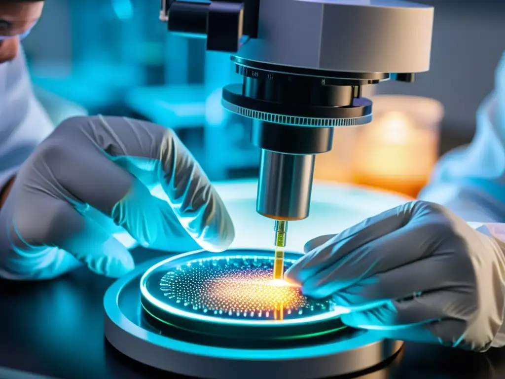 Edición genética de precisión: tecnología avanzada en inmunoterapia Un técnico de laboratorio utiliza herramientas de precisión para editar genes en una placa de Petri bajo un microscopio de alta potencia