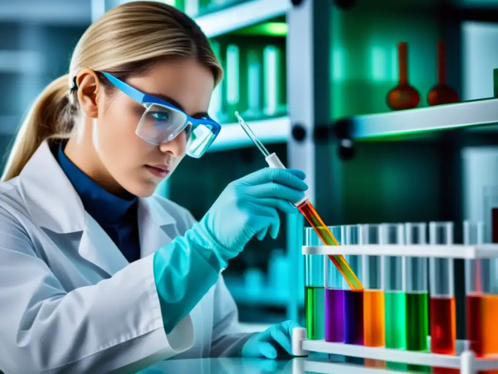 Experto en laboratorio pipeteando líquido brillante Un técnico de laboratorio pipetea con precisión líquido coloreado en un tubo de ensayo, en un entorno estéril y organizado