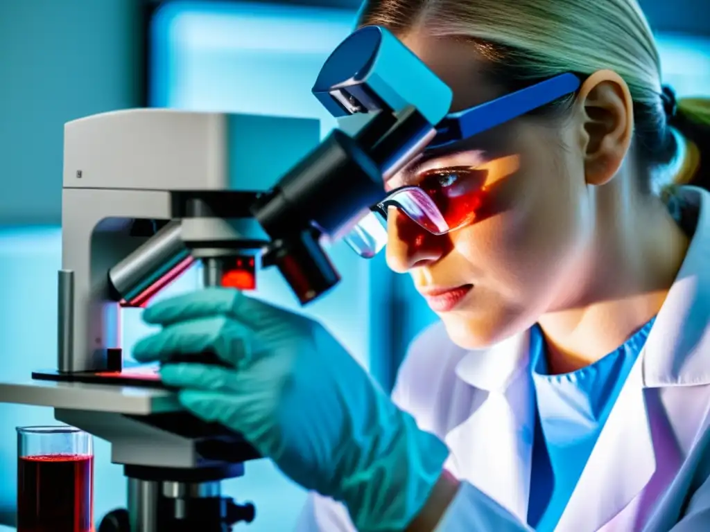 Análisis detallado de muestra sanguínea bajo microscopio Un técnico de laboratorio analiza cuidadosamente una muestra de sangre bajo un microscopio, transmitiendo precisión y experiencia en pruebas inmunológicas en seguros de salud