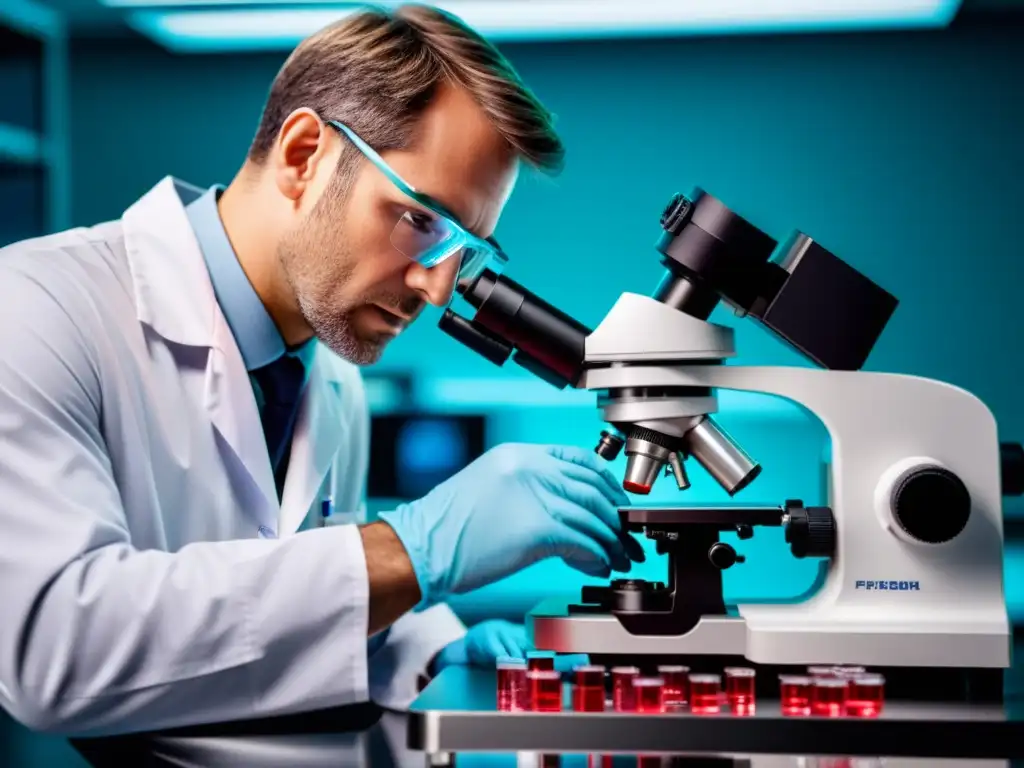 Análisis preciso de muestras de sangre en microscopio 8k Un técnico de laboratorio analiza muestras de sangre bajo un microscopio, mostrando precisión y enfoque