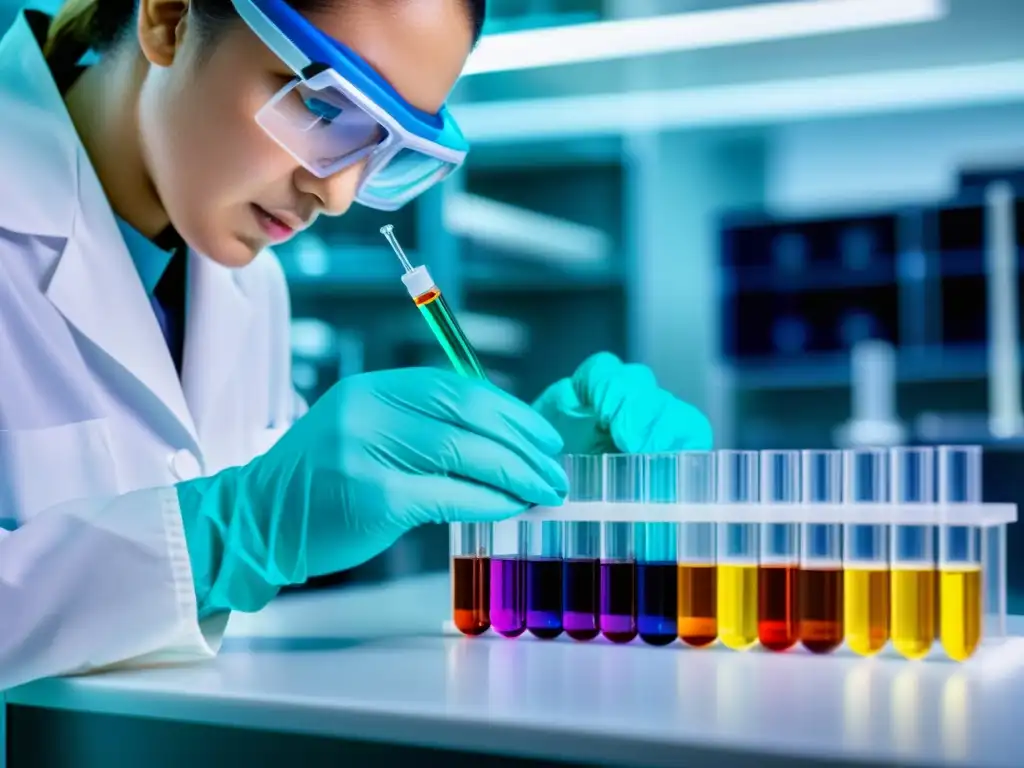 Manipulación precisa de muestras en laboratorio de inmunología Un técnico de laboratorio realiza precisas pruebas inmunológicas en seguros de salud con coloridas muestras líquidas, destacando la tecnología de vanguardia y la precisión