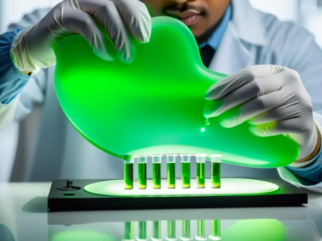 Técnico de laboratorio pipeteando líquido verde brillante Un técnico de laboratorio realiza pruebas inmunológicas en seguros de salud con precisión y tecnología avanzada