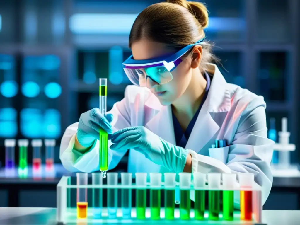 Avanzada investigación en inmunoterapia personalizada: Precisión y color Un técnico de laboratorio pipetea con precisión una solución brillante en un tubo de ensayo, en un laboratorio futurista