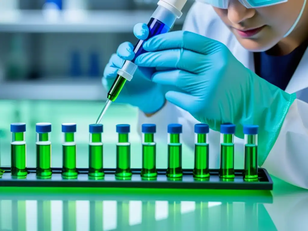 Preparación precisa de terapia celular para esclerodermia Un técnico de laboratorio realiza con precisión terapias celulares personalizadas para esclerodermia, destacando la avanzada tecnología y expertise científico en el tratamiento
