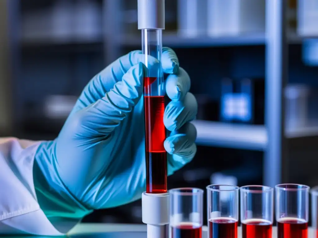 Extracción precisa de sangre para diagnóstico de anemia hemolítica Un técnico de laboratorio pipetea con precisión sangre en un tubo de ensayo, destacando el tratamiento de la anemia hemolítica autoinmune