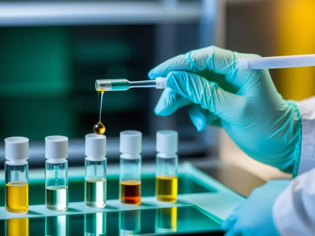 Detallada pipeteada de vitamina B6 en laboratorio Un técnico de laboratorio pipetea con precisión vitamina B6 en un vial, destacando la meticulosidad del proceso científico