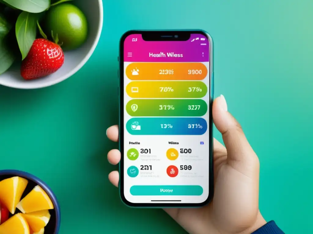 Aplicación de Salud y Bienestar: Impulsa tu Inmunidad Un teléfono inteligente muestra una app de salud con gráficos coloridos y motivadoras citas, ideal para fortalecer el sistema inmunológico