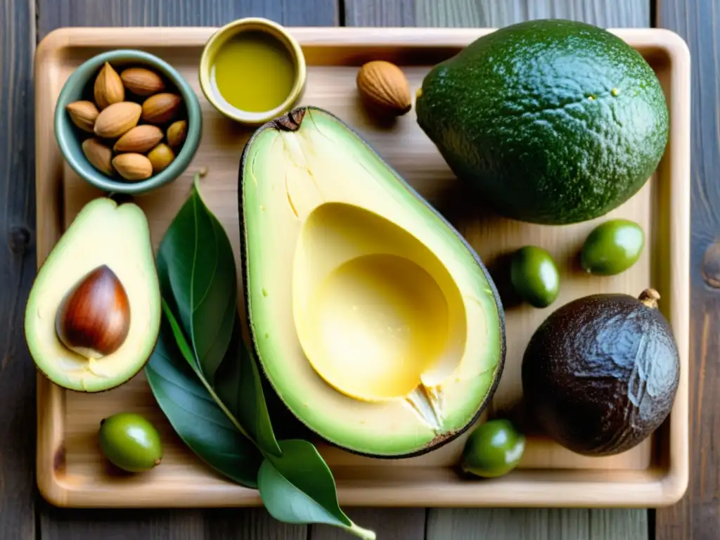 Delicias Saludables: Fuentes de Grasas Insaturadas Una tentadora composición de grasas saludables para el sistema inmunológico: aguacates, frutos secos y aceite de oliva en una tabla rústica