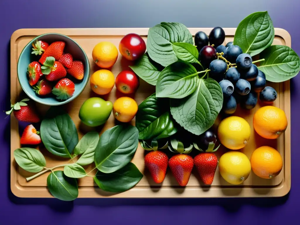 Delicioso y saludable surtido de frutas y vegetales en tabla de cortar Una tentadora exhibición de frutas y verduras frescas en una tabla de cortar de madera, ideal para menús semanales para fortalecer inmunidad