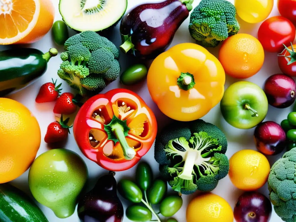 Exquisita variedad de frutas y verduras frescas en primer plano Una tentadora variedad de frutas y verduras frescas, resplandecientes y perfectamente dispuestas
