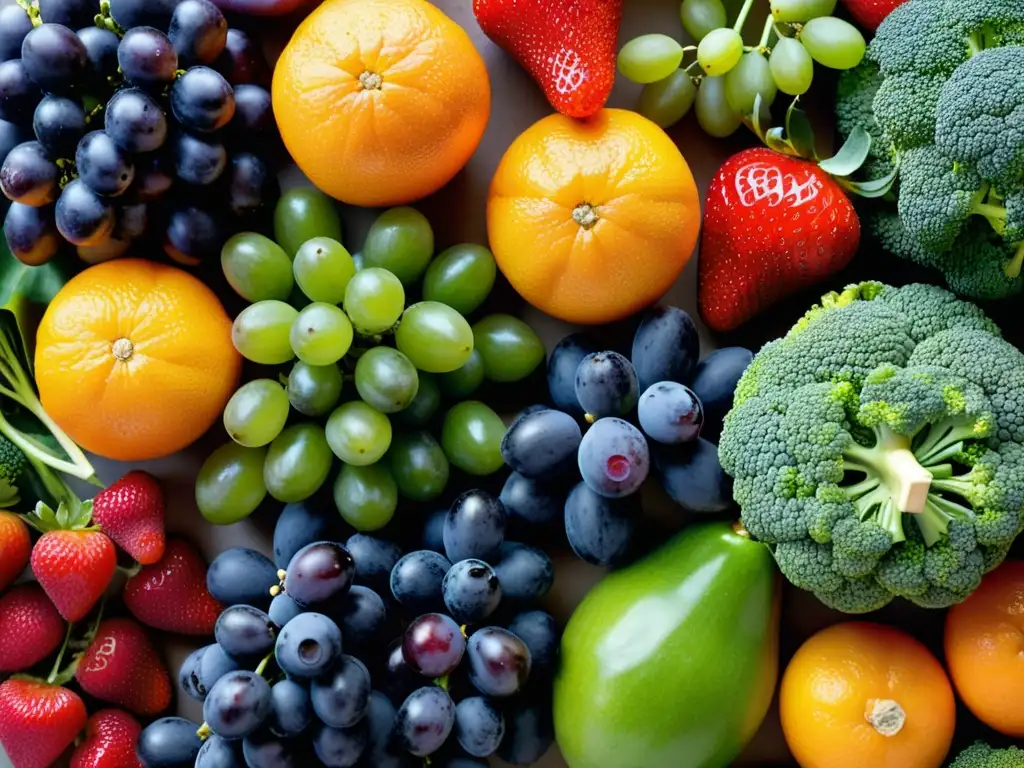 Deliciosos Frutos y Verduras Frescos en Detalle Una tentadora y vibrante variedad de frutas y verduras frescas, que fortalecen el sistema inmunológico contra resfriados y gripe