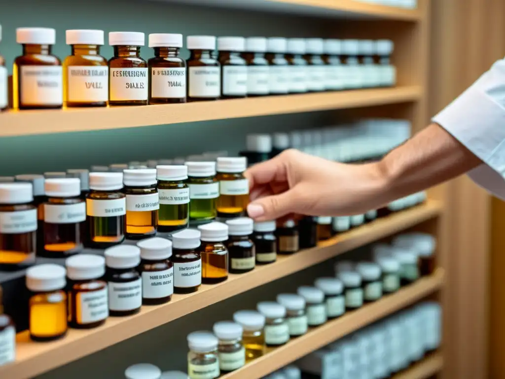 Un terapeuta selecciona con cuidado y prepara remedios homeopáticos en un consultorio moderno, transmitiendo profesionalismo y calidez