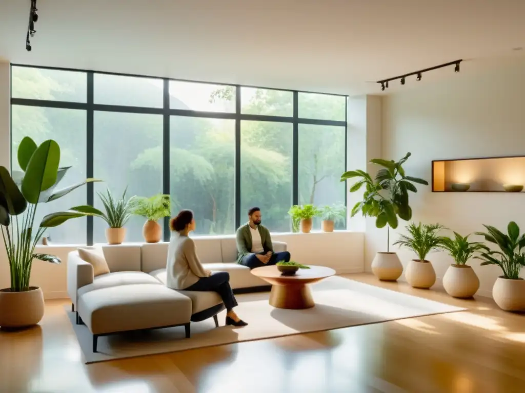 Espacio de terapia tranquilo y acogedor para parejas Terapia de pareja fortalece sistema inmunológico en sala serena con luz natural, muebles minimalistas y terapeuta empático escuchando