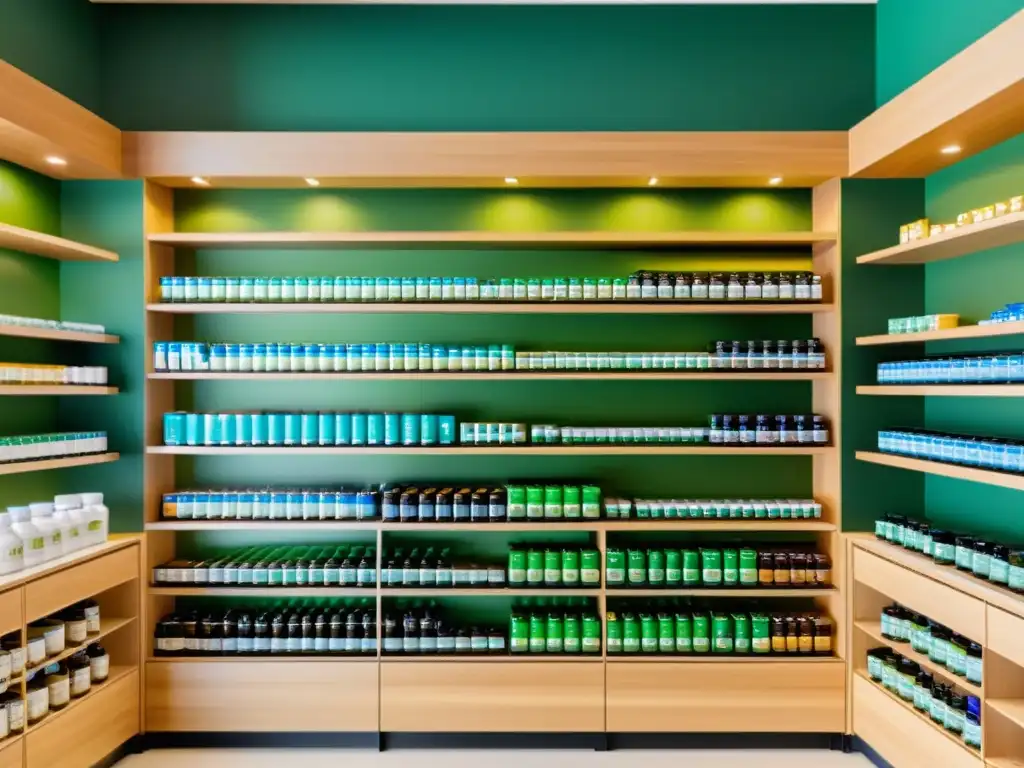 Tienda de suplementos moderna y luminosa, repleta de colores vibrantes y envases elegantes