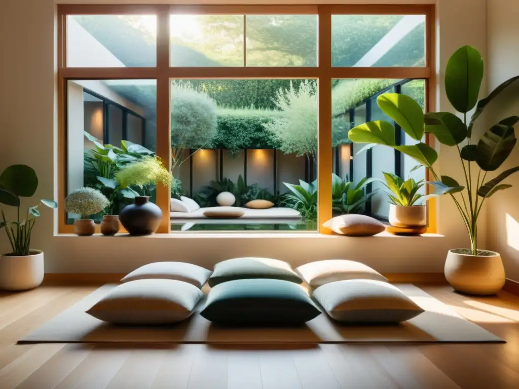 Espacio de meditación sereno con vista al jardín Un rincón de meditación con tonos suaves y plantas, ideal para combatir el estrés y fortalecer el sistema inmunológico
