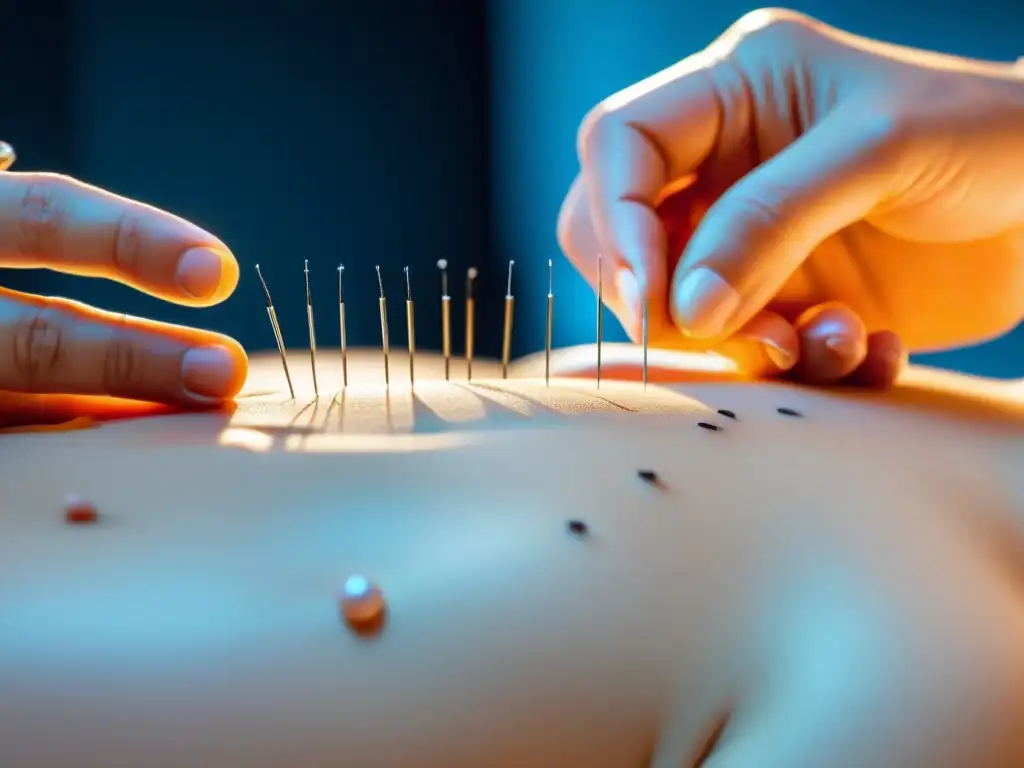 Acupuntura moderna: Detalles precisos y relajación Un tratamiento de acupuntura moderno, con precisión en la colocación de agujas